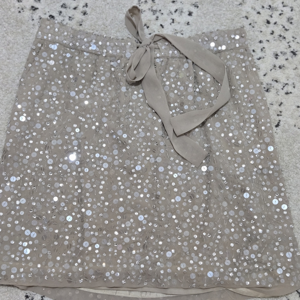 Ann Taylor Sequin Embellished Tie-Waist Mini Skirt in Taupe